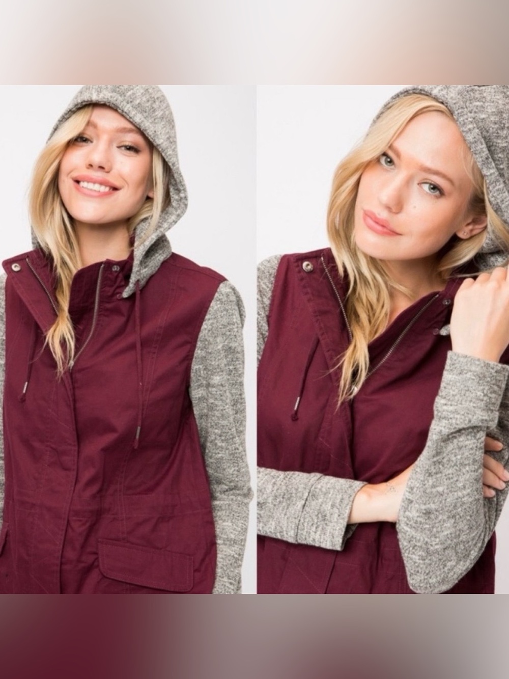 LOVE TREE Wine & Heathered Gray Long Sleeve Utility Jacket